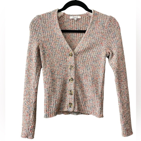 Madewell Marled Shrunken Ribbed Cardigan Sweater Small Button V Neck - Picture 5 of 9